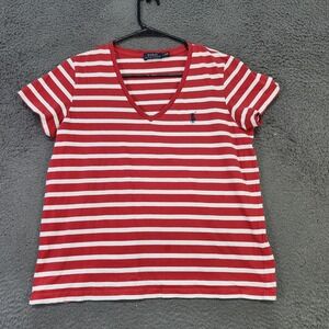 Polo Ralph Lauren Shirt Womens Large Red White Stripe V Neck Short Sleeve Top